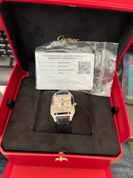Cartier Santos-Dumont WSSA0085 – 31,5 mm, Acier Inoxydable, Mouvement Quartz, Cadran Argenté, Bracelet en Cuir Alligator Bleu